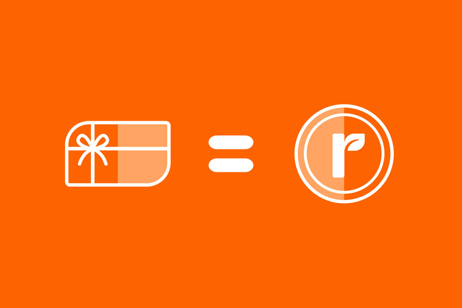 An illustration on an orange background showing a gift card icon on the left, an equals sign in the middle, and a rewards coin icon on the right.