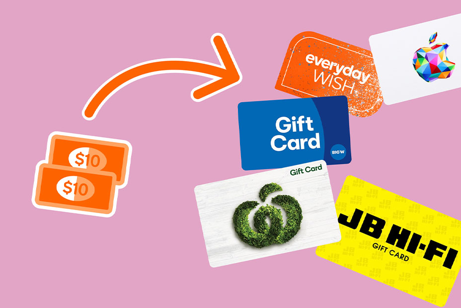 A pink background with an illustration of two $10 bills and an orange arrow pointing to a variety of gift cards, including Everyday WISH, Apple, BIG W, Woolworths, and JB Hi-Fi.